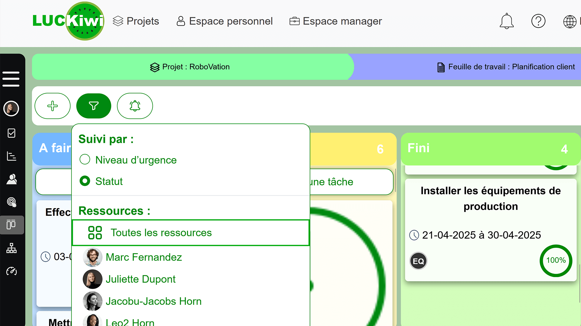 Interface de filtrage et recherche de tâches par membre, statut et priorité