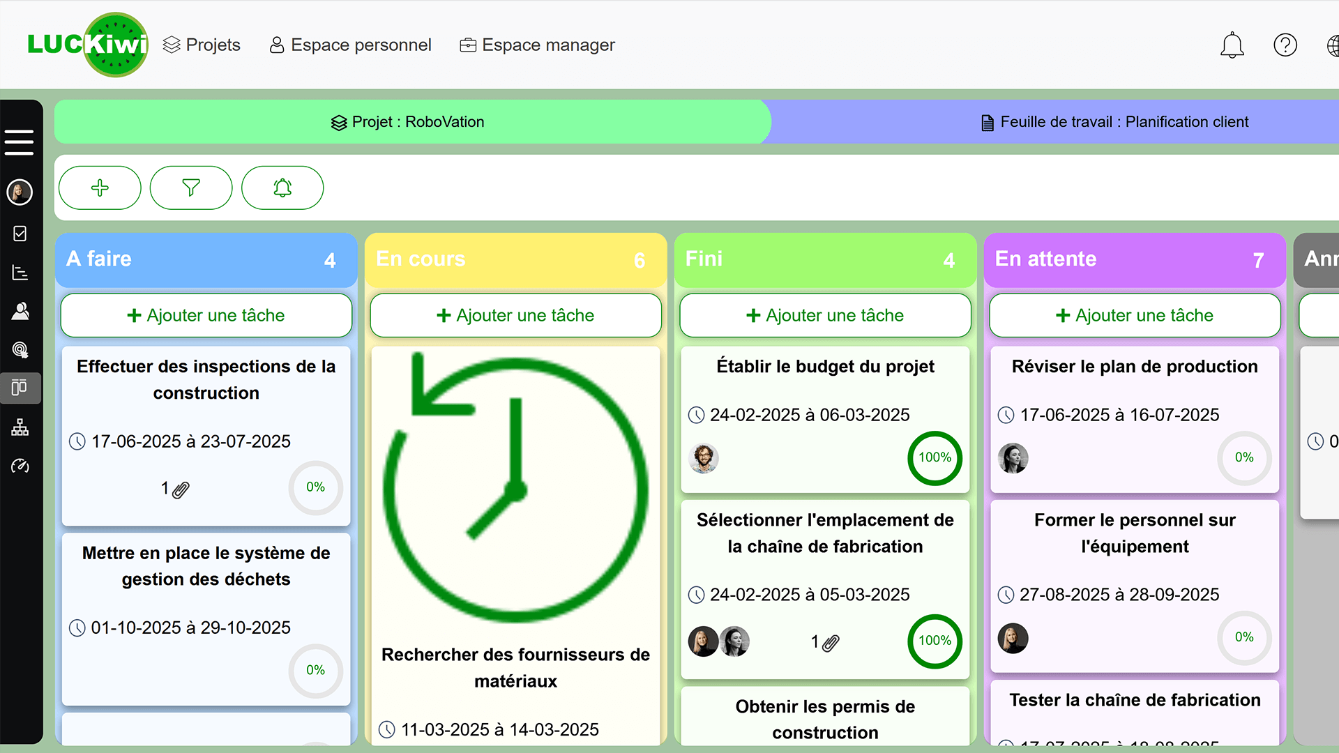 Tableau visuel affichant l'organisation des tâches avec vue d'ensemble du projet
